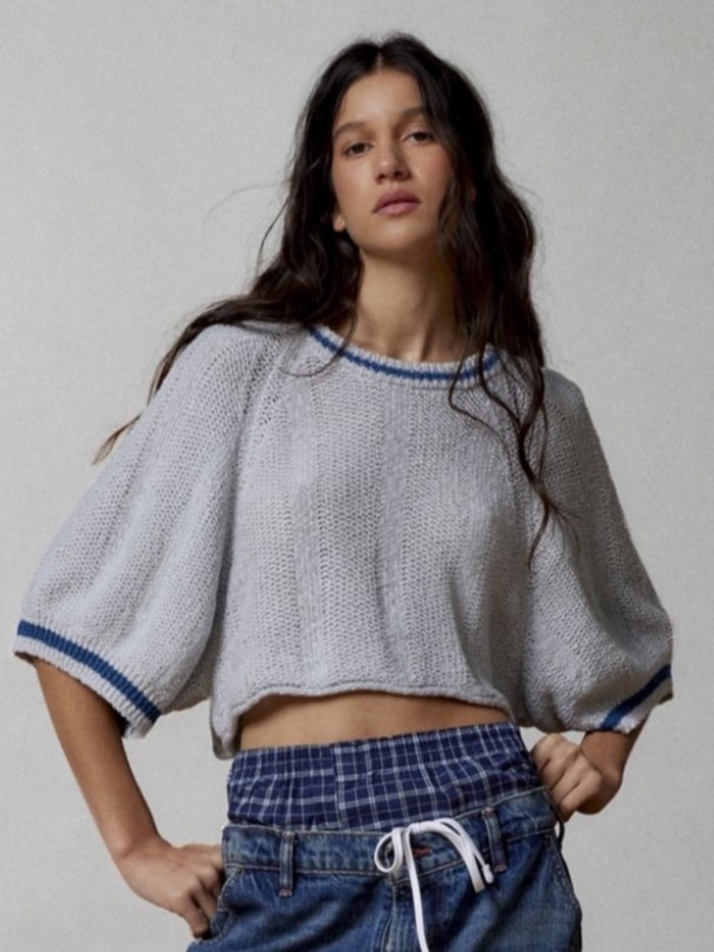 Urban Outfitters BDG Rex Textured Pullover Sweater Blue Short Sleeve Top XS NEW
